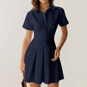 Rihoas Navy Button Pleated Mini Dress
